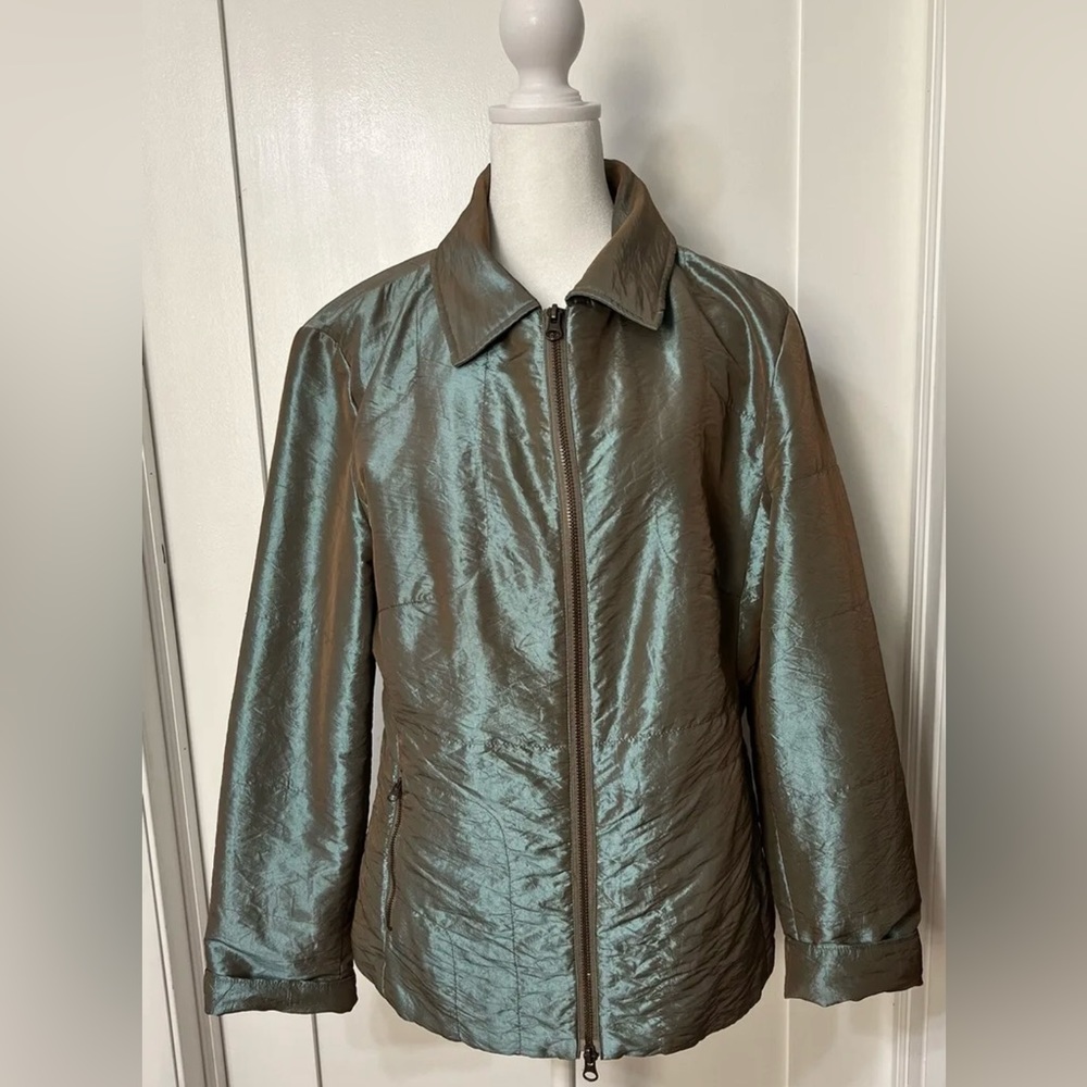 Women’s All Season Coat Spanner Metallic Teal Brown Waist Length Medium Jacket